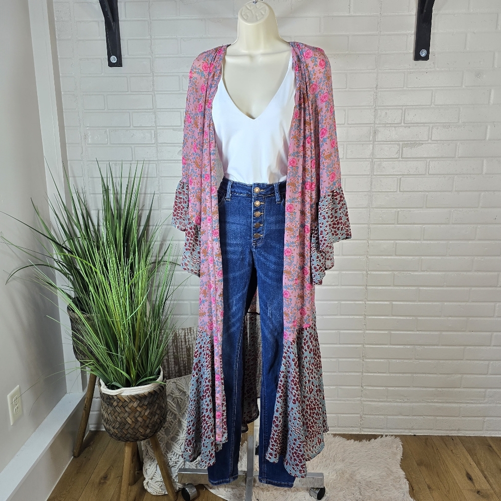 Umgee Pink and Blue Floral Animal Print Duster Kimono Large - Picture 4 of 9